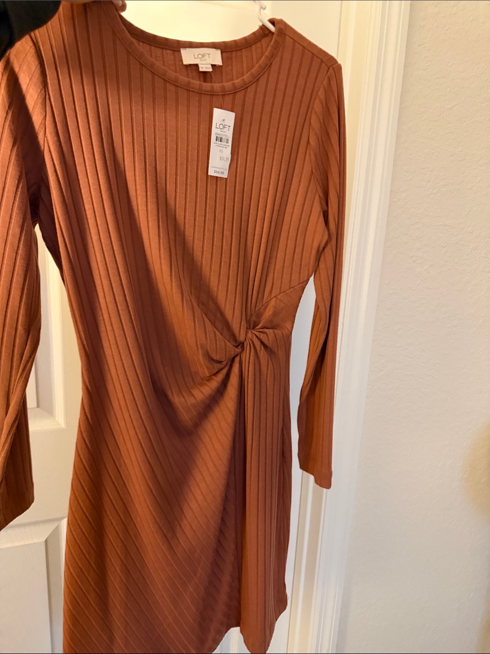 LOFT Rust Twist-Front Ribbed Long Sleeve Dress